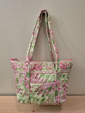 Quilted Floral Pink & Green Tote Bag Travel Beach Purse